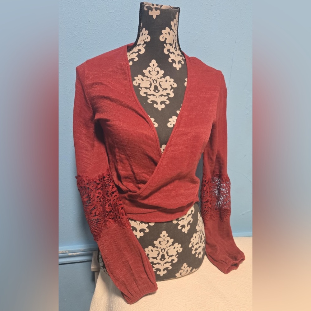 Express Deep Red Lace Accent Wrap Blouse